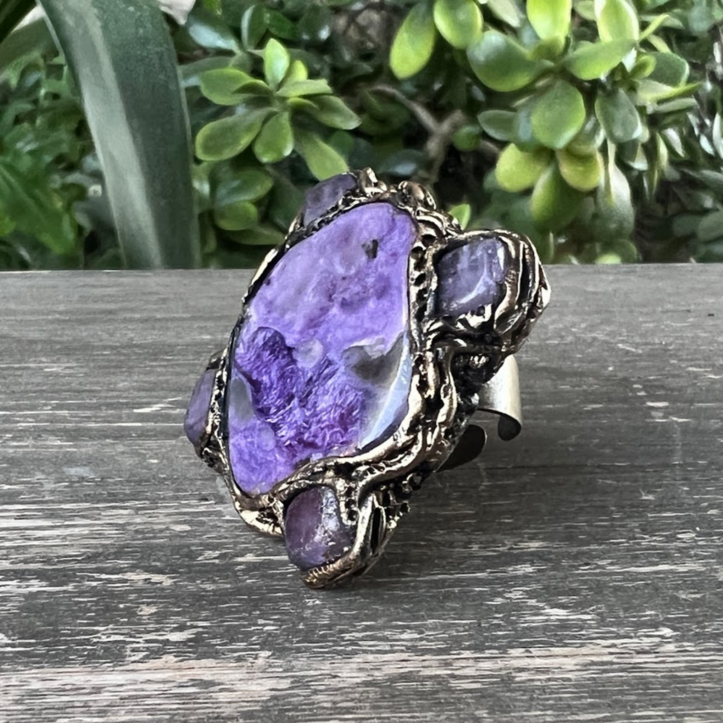 Large Charoite and Chalcedony Stone Ring, Chunky Purple Crystal Cocktail Ring