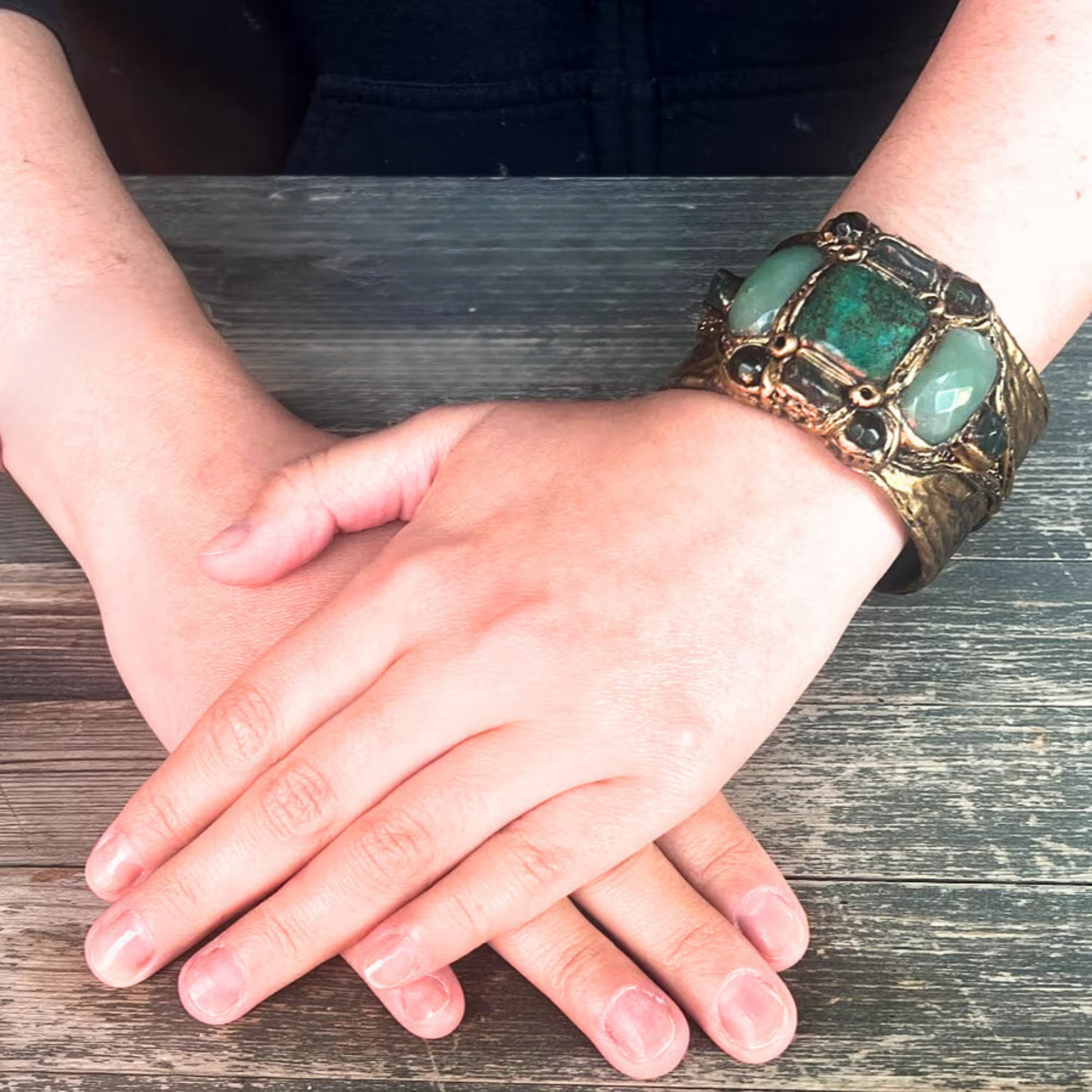 Green Gemstone Cuff Bracelet with Aventurine & Chrysocolla, Unique Gift for Her