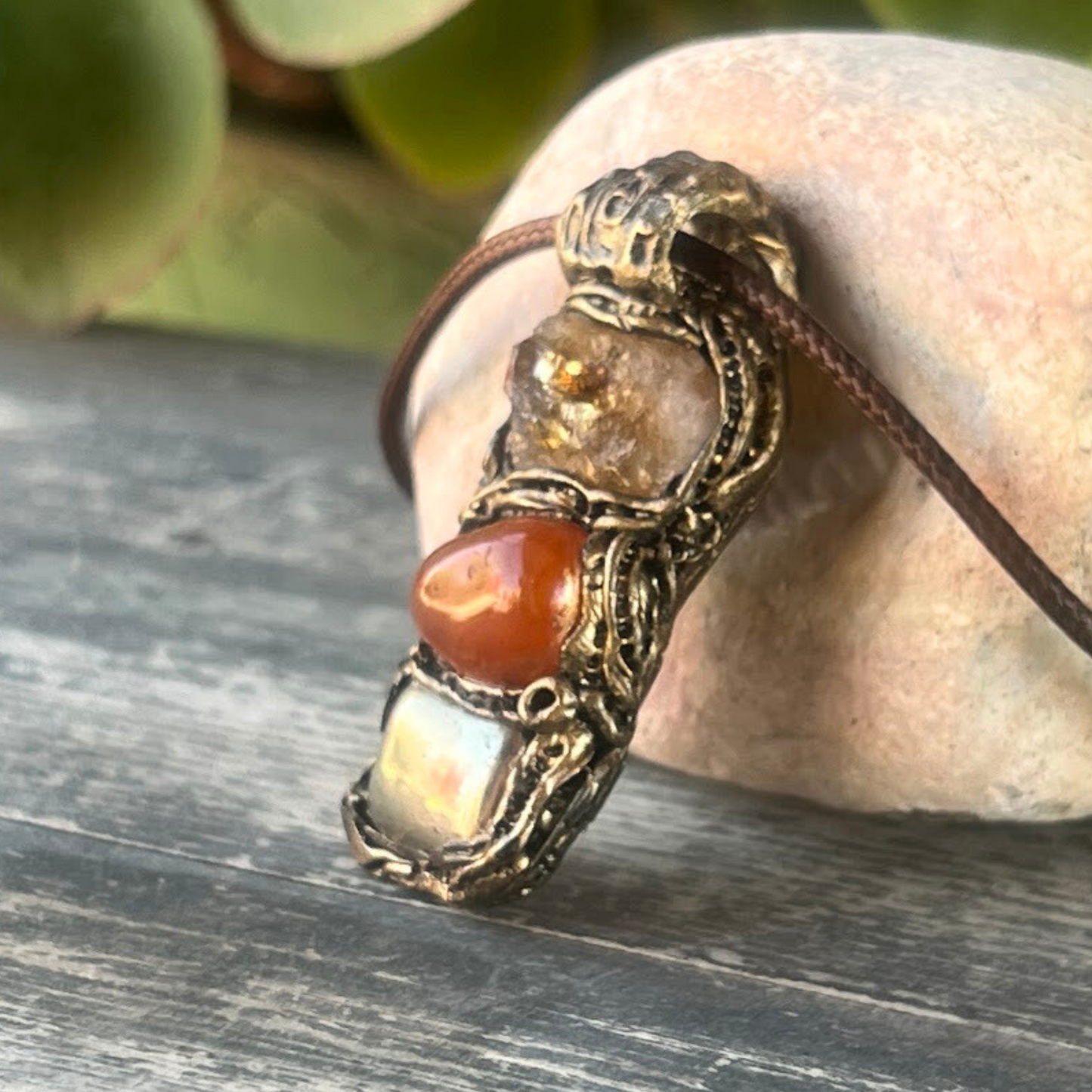 Raw Citrine, Pyrite, and Carnelian Good Luck Pendant Necklace, Raw Crystal Wealth Amulet