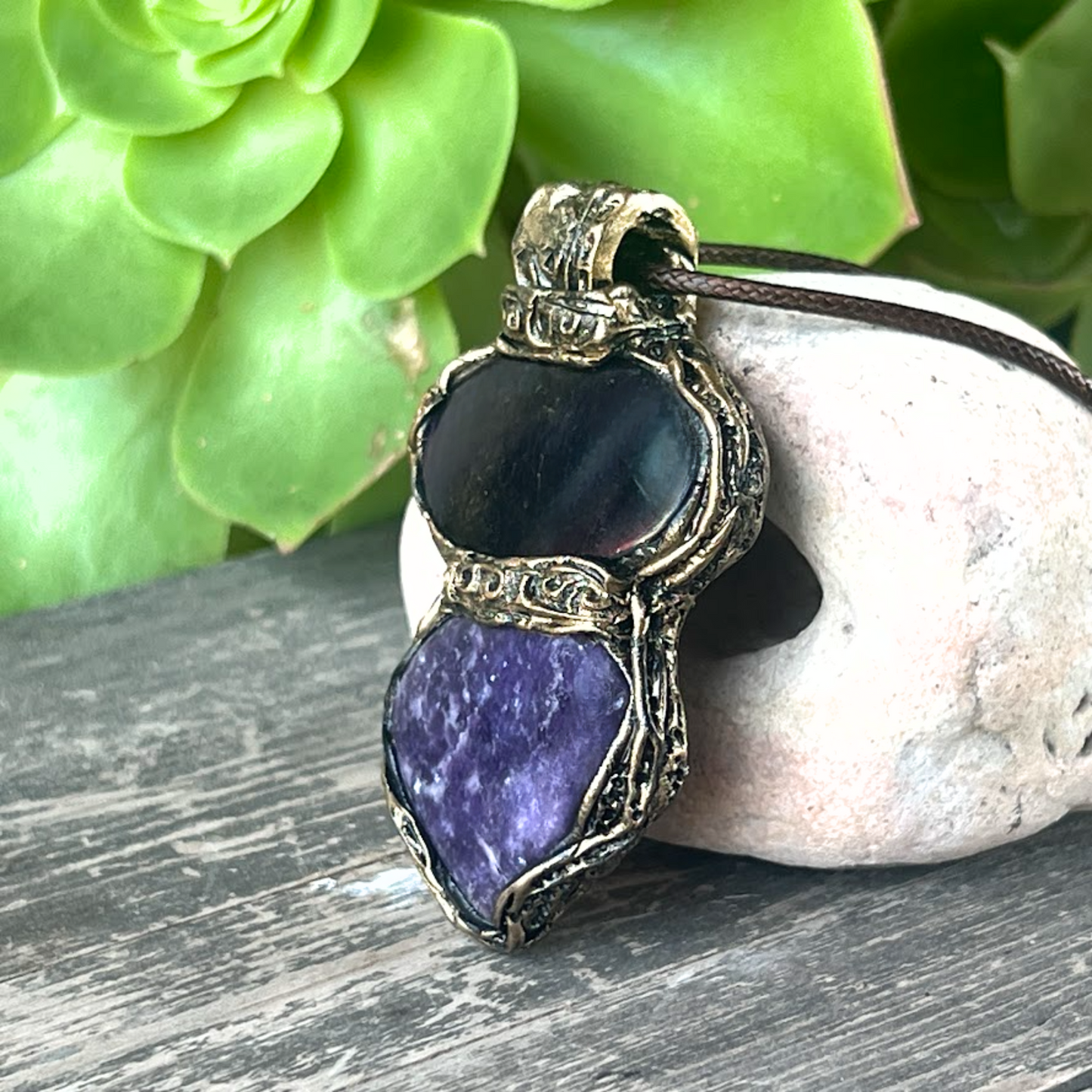 Lepidolite and Purpurite Gemstone Necklace with Large Purple Pendant