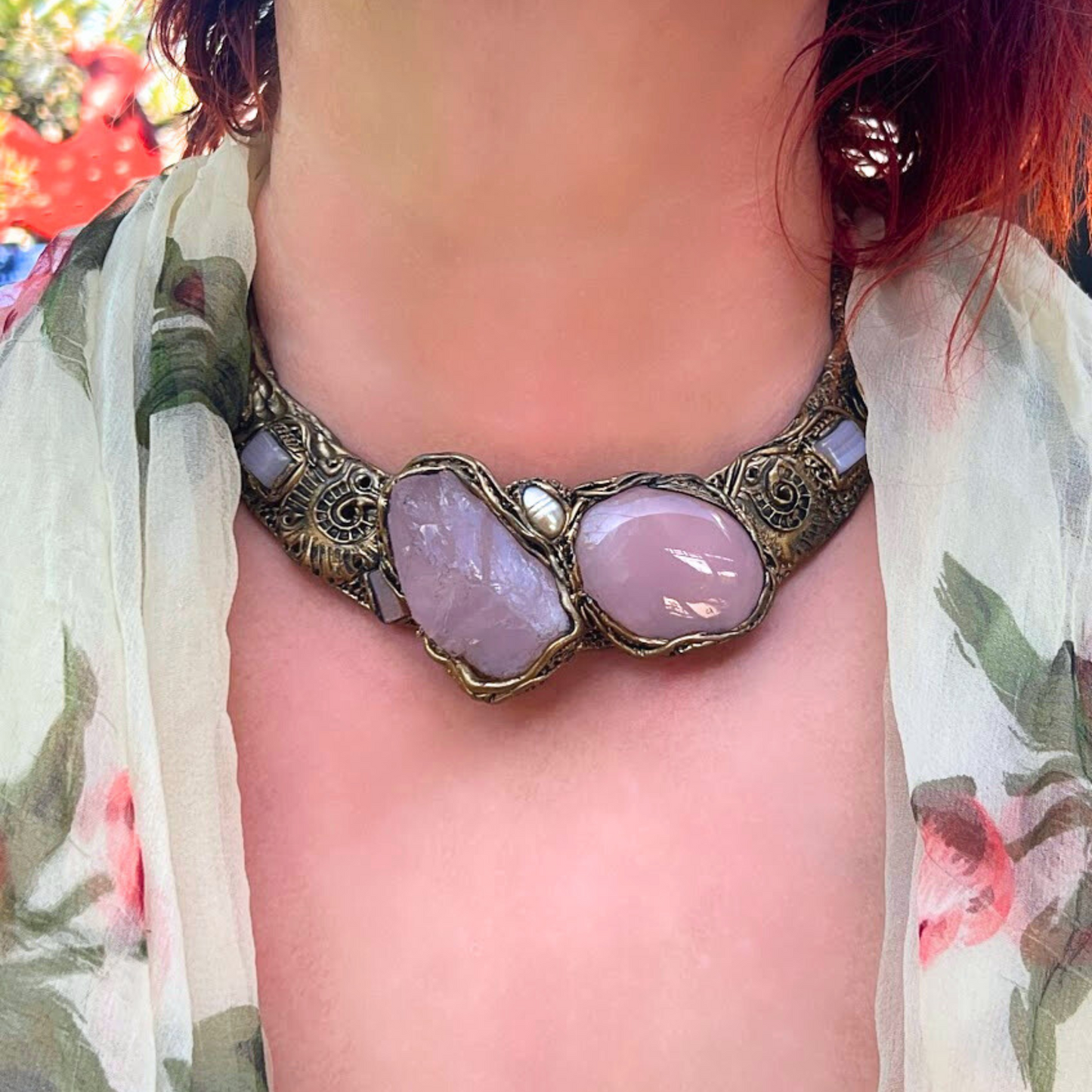 Rose Quartz Chunky Raw Crystal Necklace, Boho Statement Choker Collar