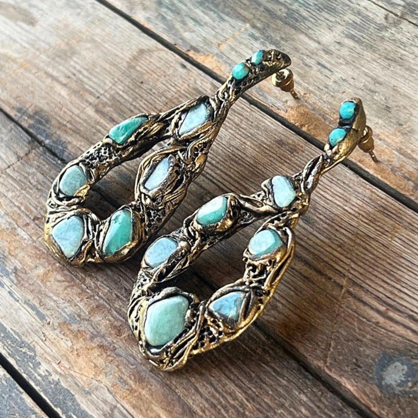 Large Turquoise Earrings with Amazonite - Oval Hoop Gemstone Jewelry