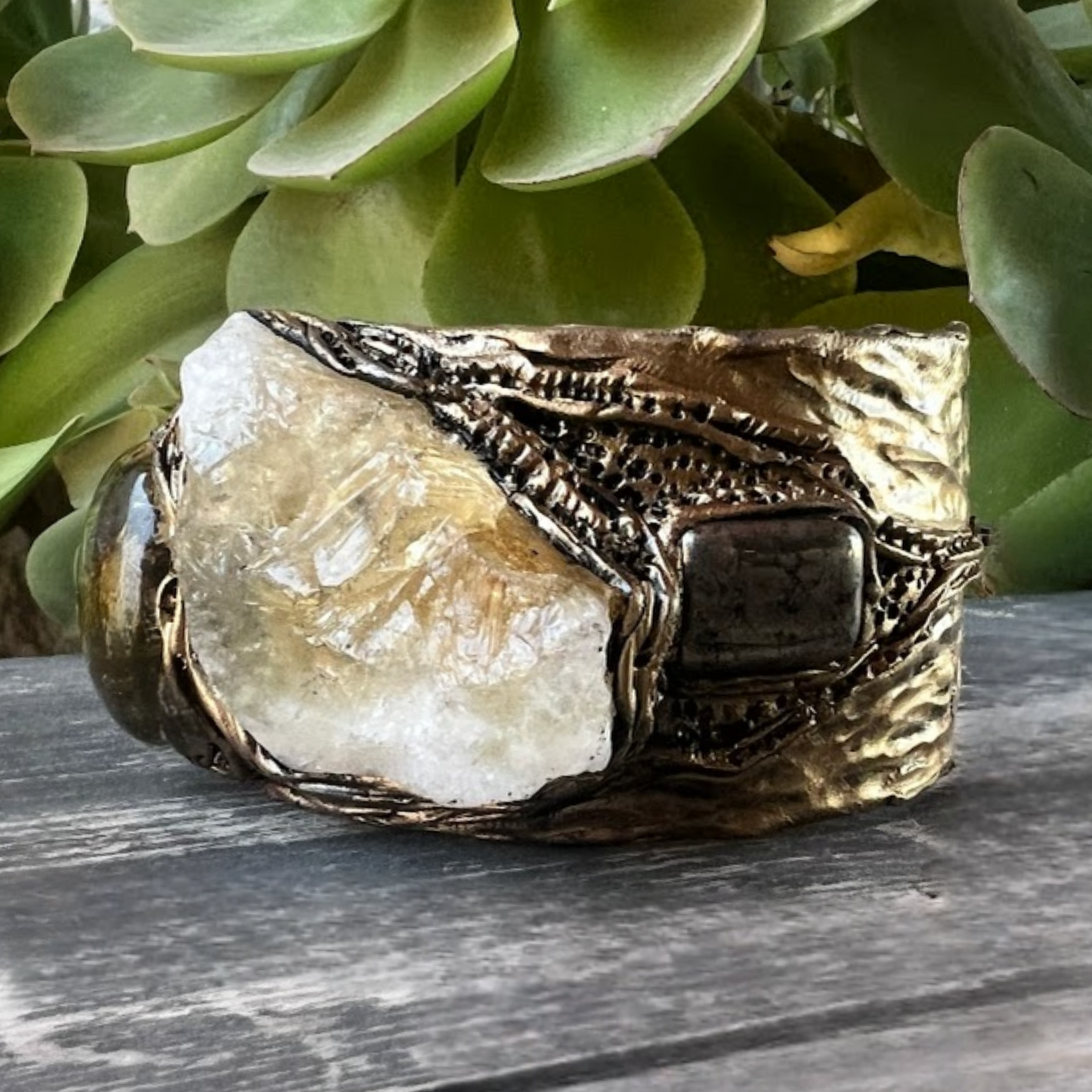 Citrine Crystal Cuff Bracelet with Pyrite - Statement Chunky Gemstone Jewelry