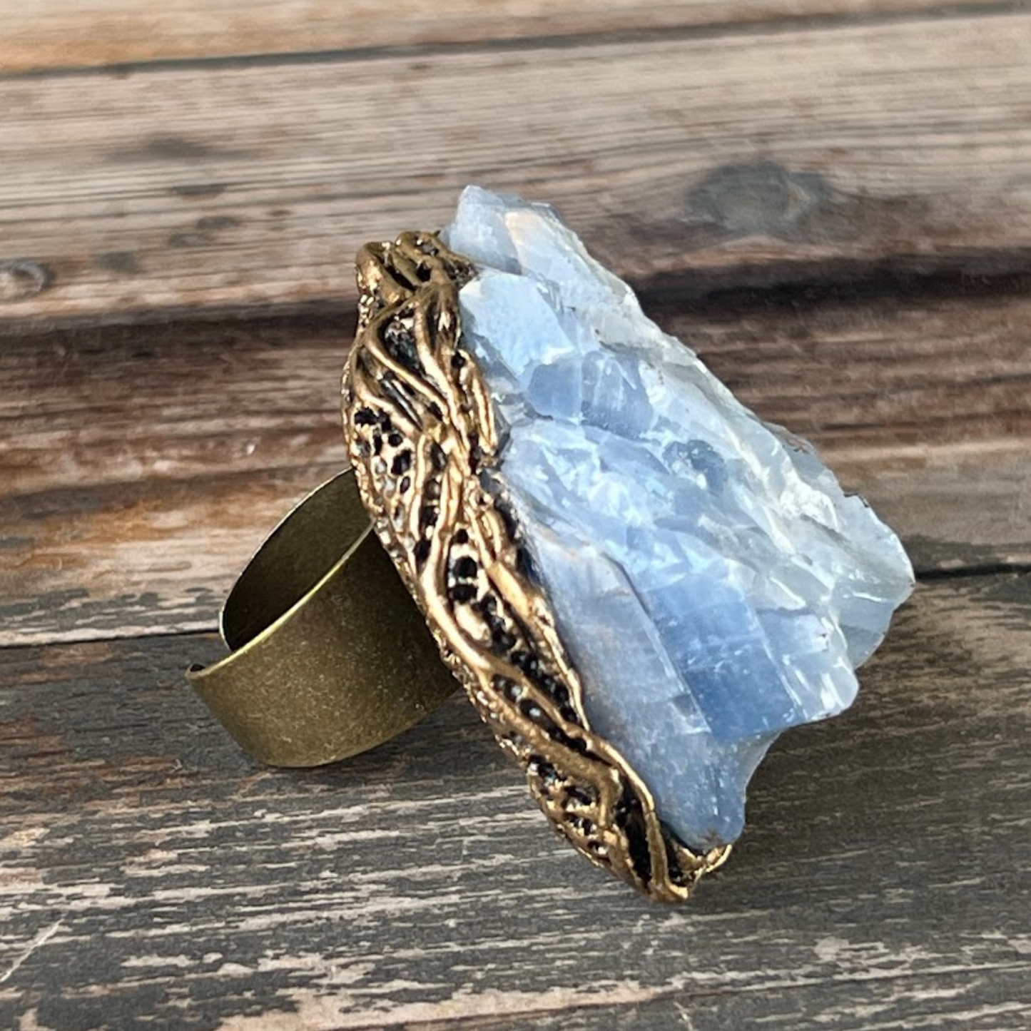 Chunky Raw Crystal Ring with Blue Calcite - Statement Gemstone Jewelry