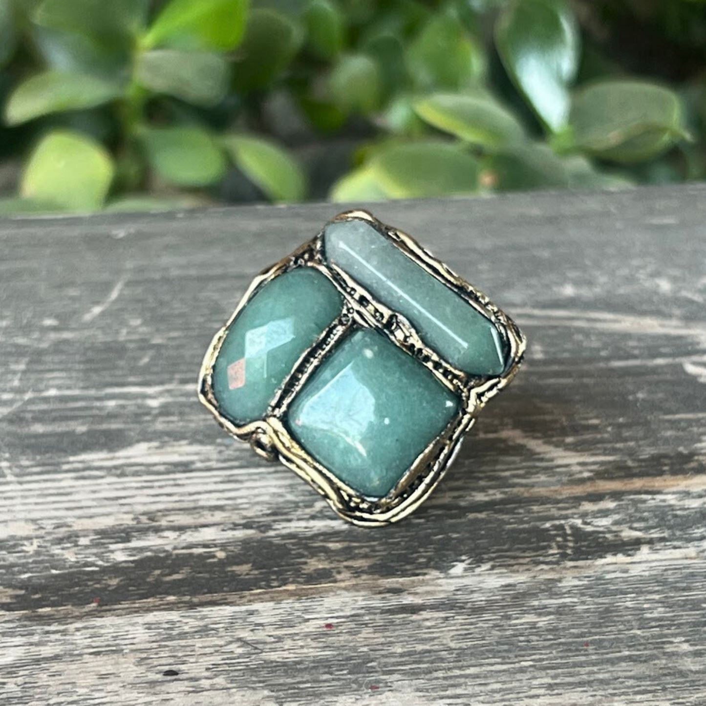 Green Stone Chunky Ring with Aventurine, Boho Cocktail Statement