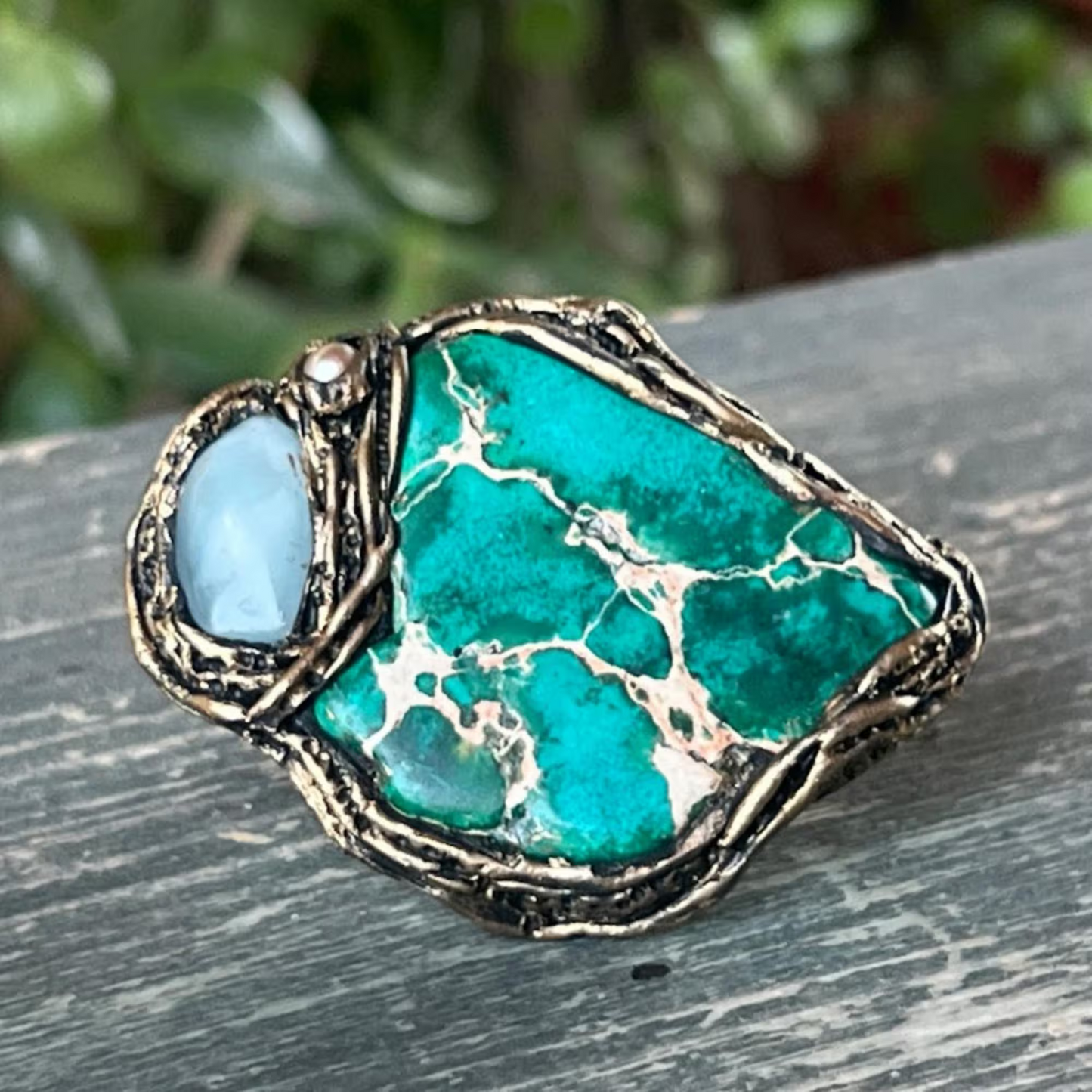 Bold Chunky Jasper Amazonite Ring - Statement Cocktail Jewelry