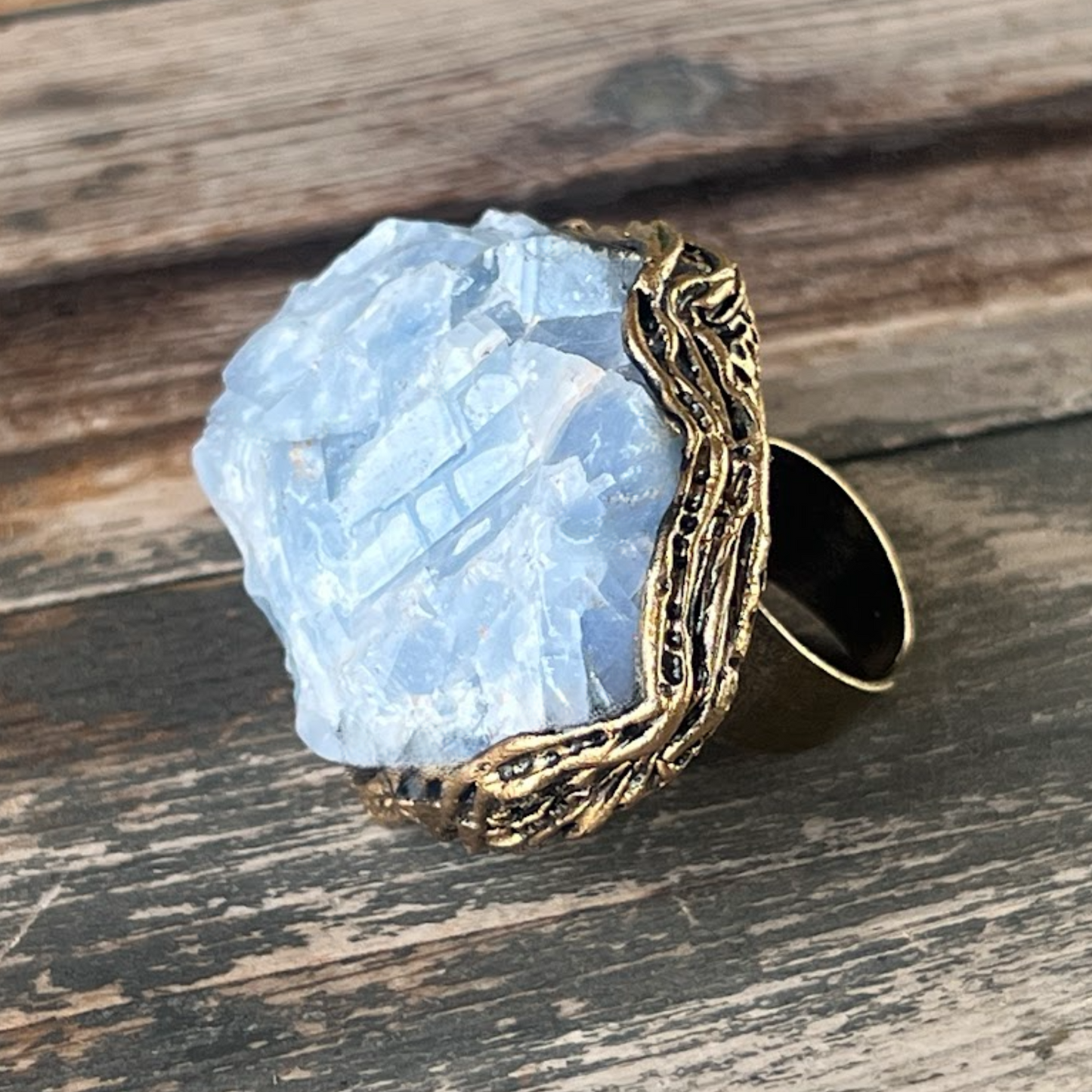 Chunky Raw Crystal Ring with Blue Calcite - Statement Gemstone Jewelry