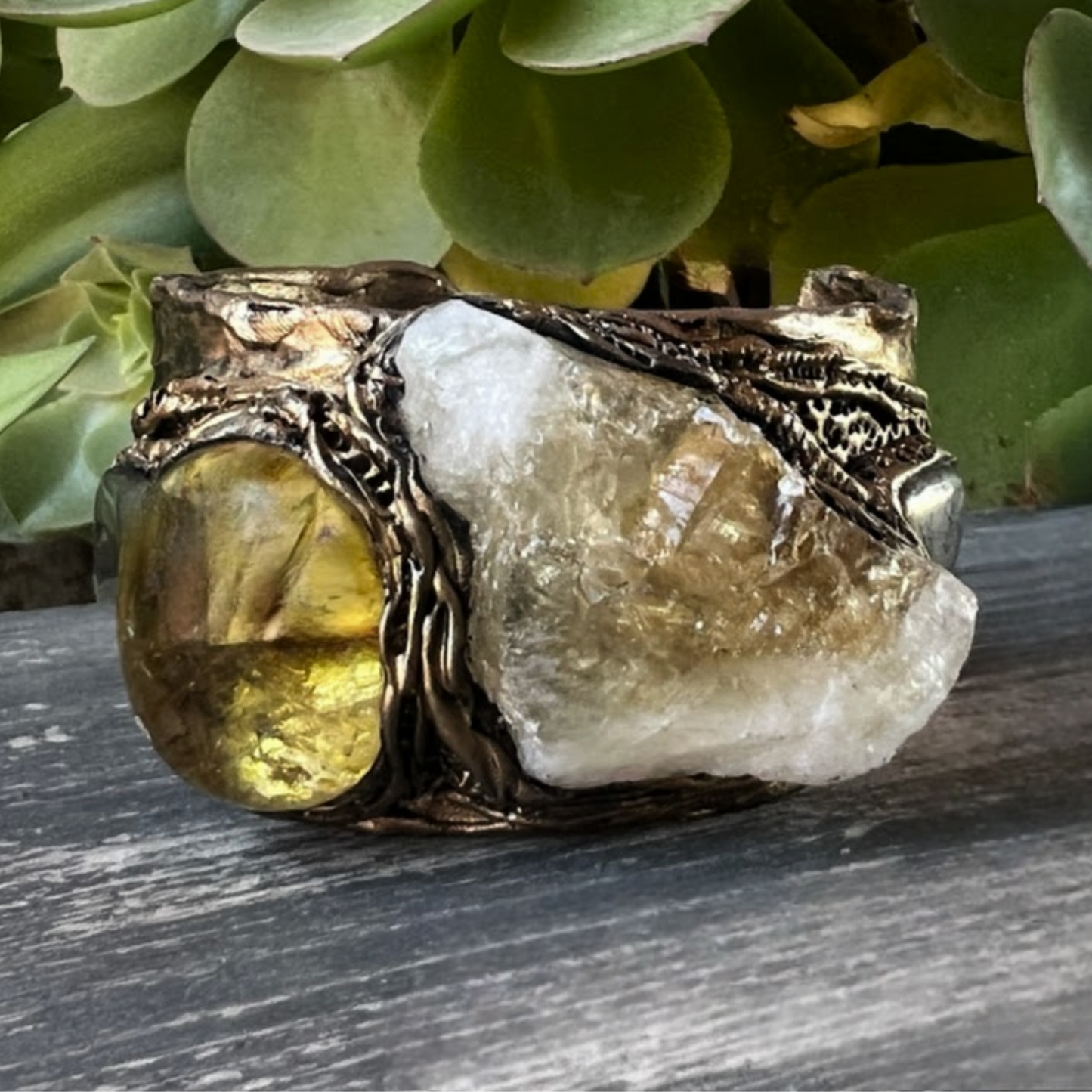Citrine Crystal Cuff Bracelet with Pyrite - Statement Chunky Gemstone Jewelry