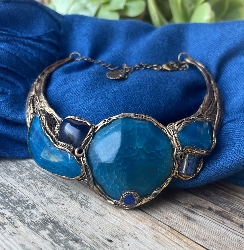 Blue Agate Stone Choker Collar Necklace – Chunky Statement Jewelry