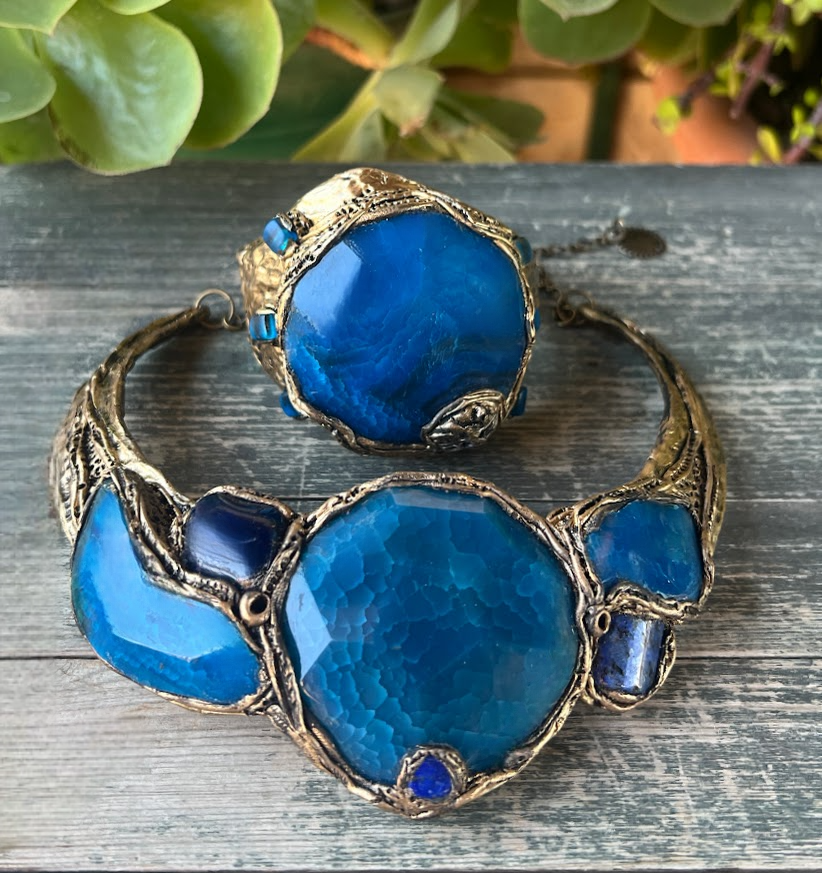 Large Cuff Blue Agate Bracelet – Chunky Gemstone Statement Jewelry