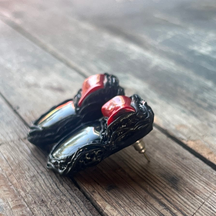 Statement Black Onyx and Red Coral Large Stud Earrings
