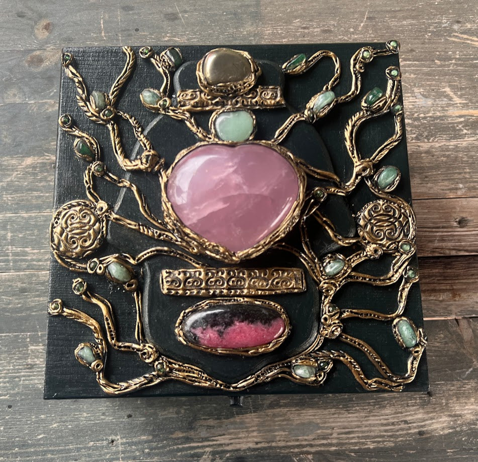 Decorative wooden box with natural stones and crystals, Handmade Home Decor