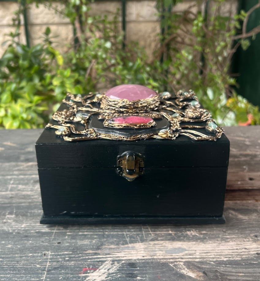 Decorative wooden box with natural stones and crystals, Handmade Home Decor