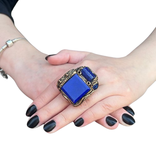 Chunky Lapis Lazuli Blue Square Ring - Unique Gemstone Statement Jewelry