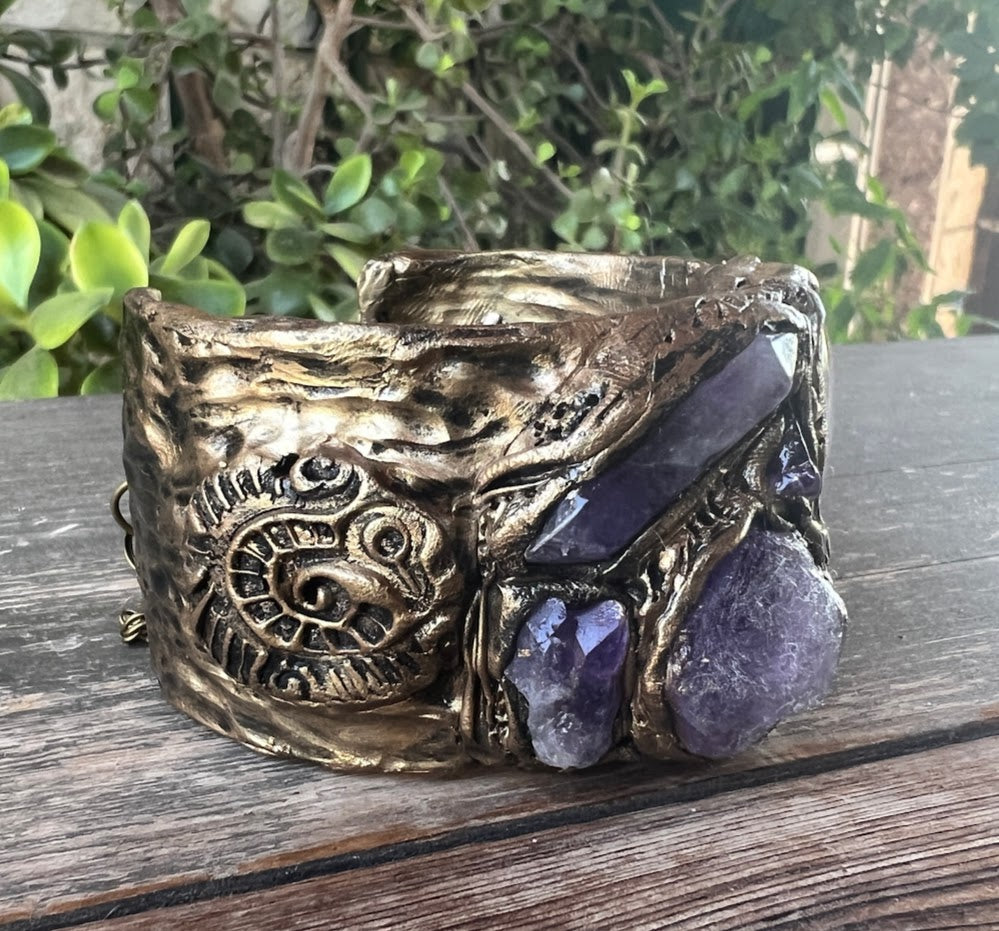 Amethyst Cuff Healing Crystal Bracelet, Boho Purple Stone Bracelet