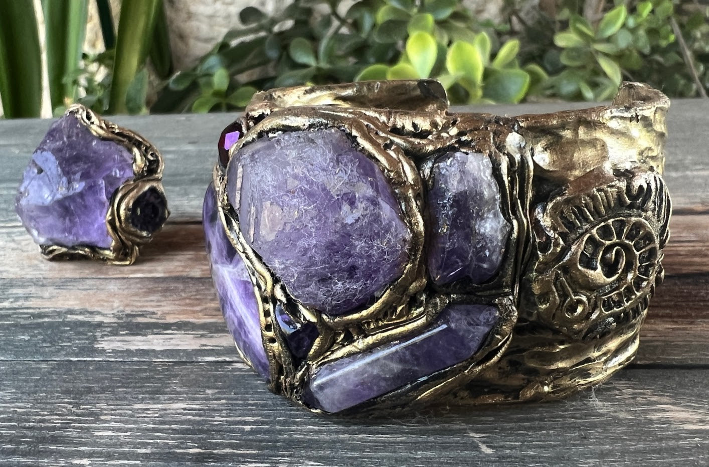 Amethyst Cuff Healing Crystal Bracelet, Boho Purple Stone Bracelet