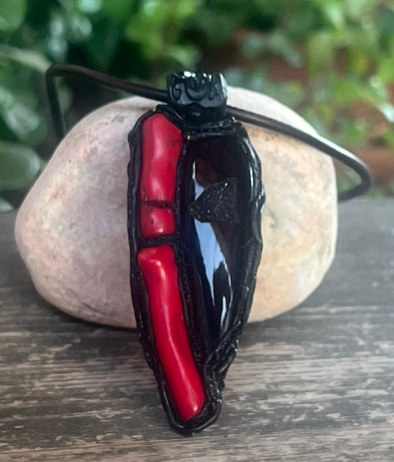 Statement Black Onyx and Red Coral Large Stud Earrings