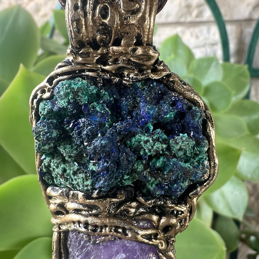 Large Amethyst & Azurite Malachite Crystal Pendant - Healing Stone Necklace