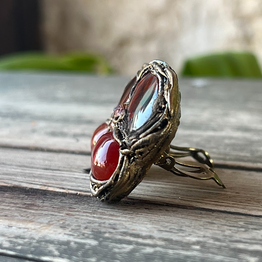 Red Carnelian and Rainbow Jasper Clip-On Earrings - Gemstone Statement Jewelry