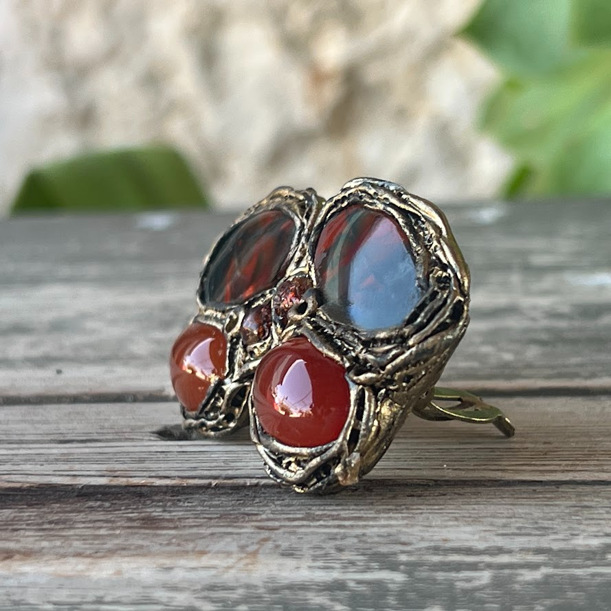 Red Carnelian and Rainbow Jasper Clip-On Earrings - Gemstone Statement Jewelry