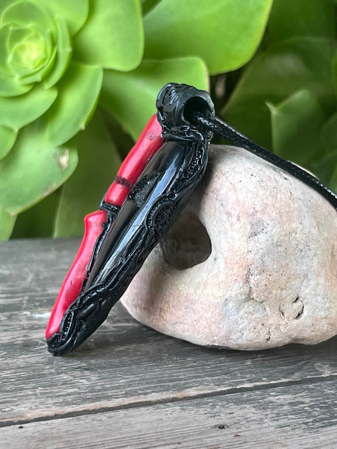Black Onyx & Red Coral Pendant - Large Statement Necklace