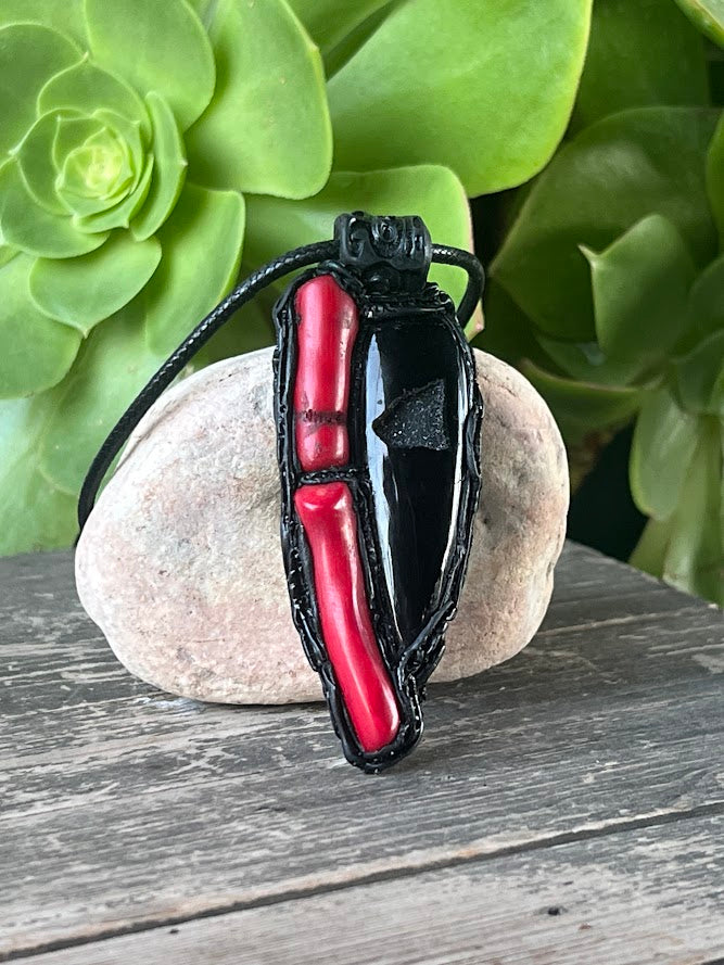 Black Onyx & Red Coral Pendant - Large Statement Necklace