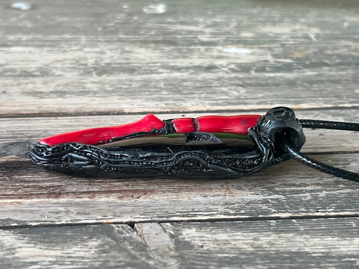 Black Onyx & Red Coral Pendant - Large Statement Necklace