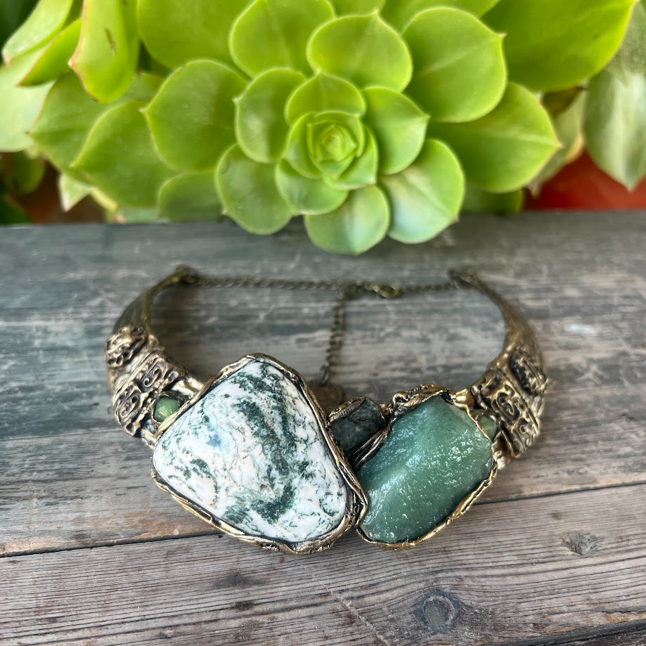 Aventurine and Tree Agate Chunky Necklace – Green Stone Statement Choker