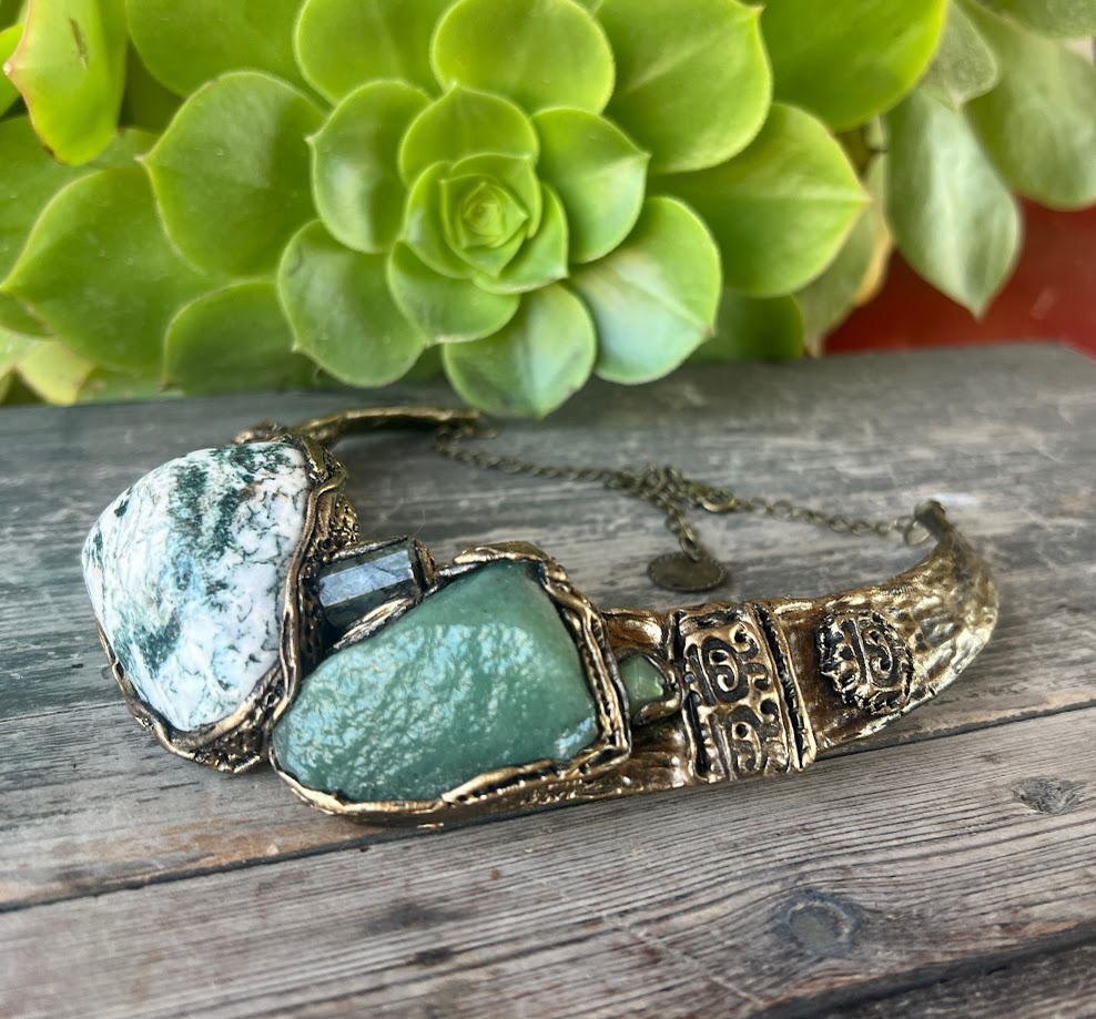 Aventurine and Tree Agate Chunky Necklace – Green Stone Statement Choker