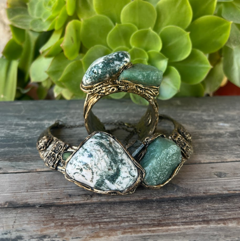 Bold Statement Bracelet - Green Aventurine & Tree Agate Cuff