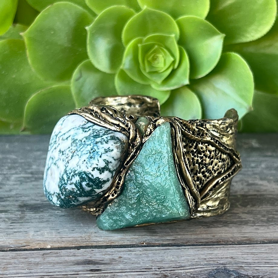 Bold Statement Bracelet - Green Aventurine & Tree Agate Cuff
