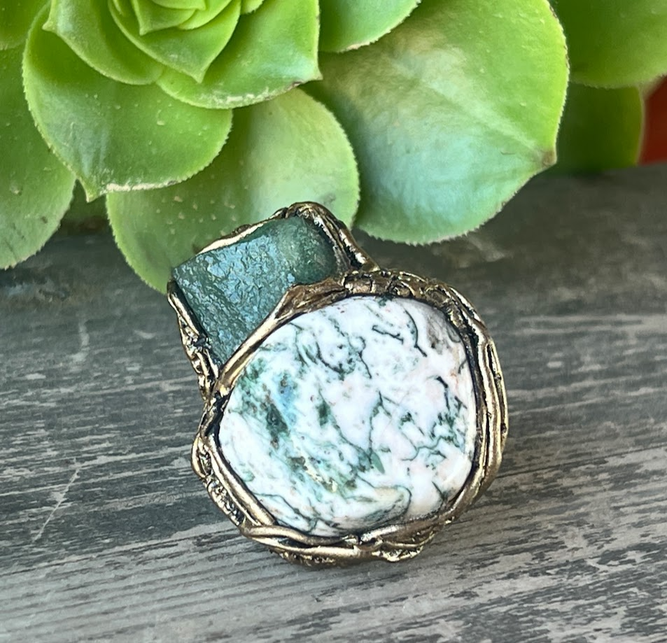 Green Stone Chunky Ring with Aventurine & Tree Agate – Statement Cocktail Ring