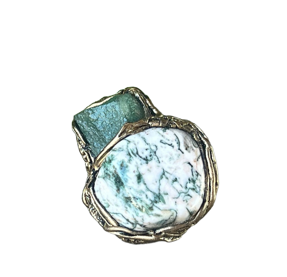 Green Stone Chunky Ring with Aventurine & Tree Agate – Statement Cocktail Ring