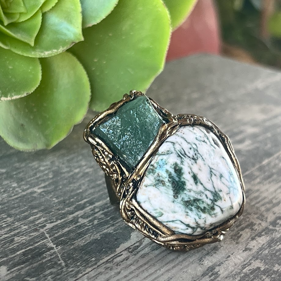 Green Stone Chunky Ring with Aventurine & Tree Agate – Statement Cocktail Ring