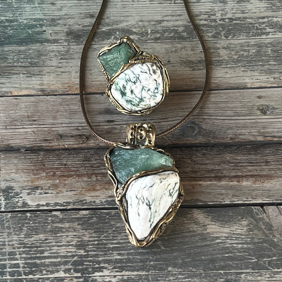 Large Green Crystal Pendant Necklace with Aventurine and Tree Agate