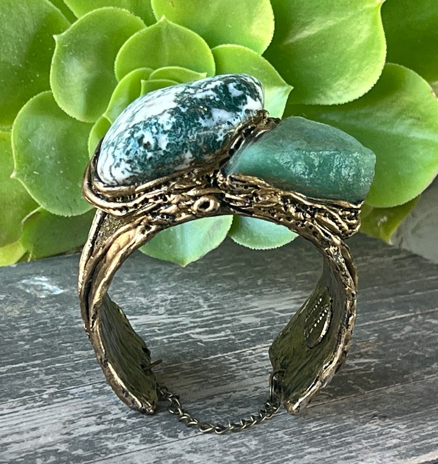 Bold Statement Bracelet - Green Aventurine & Tree Agate Cuff