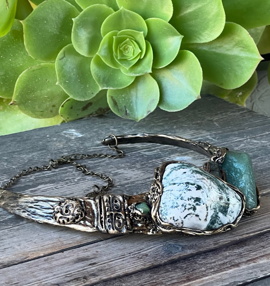 Aventurine and Tree Agate Chunky Necklace – Green Stone Statement Choker