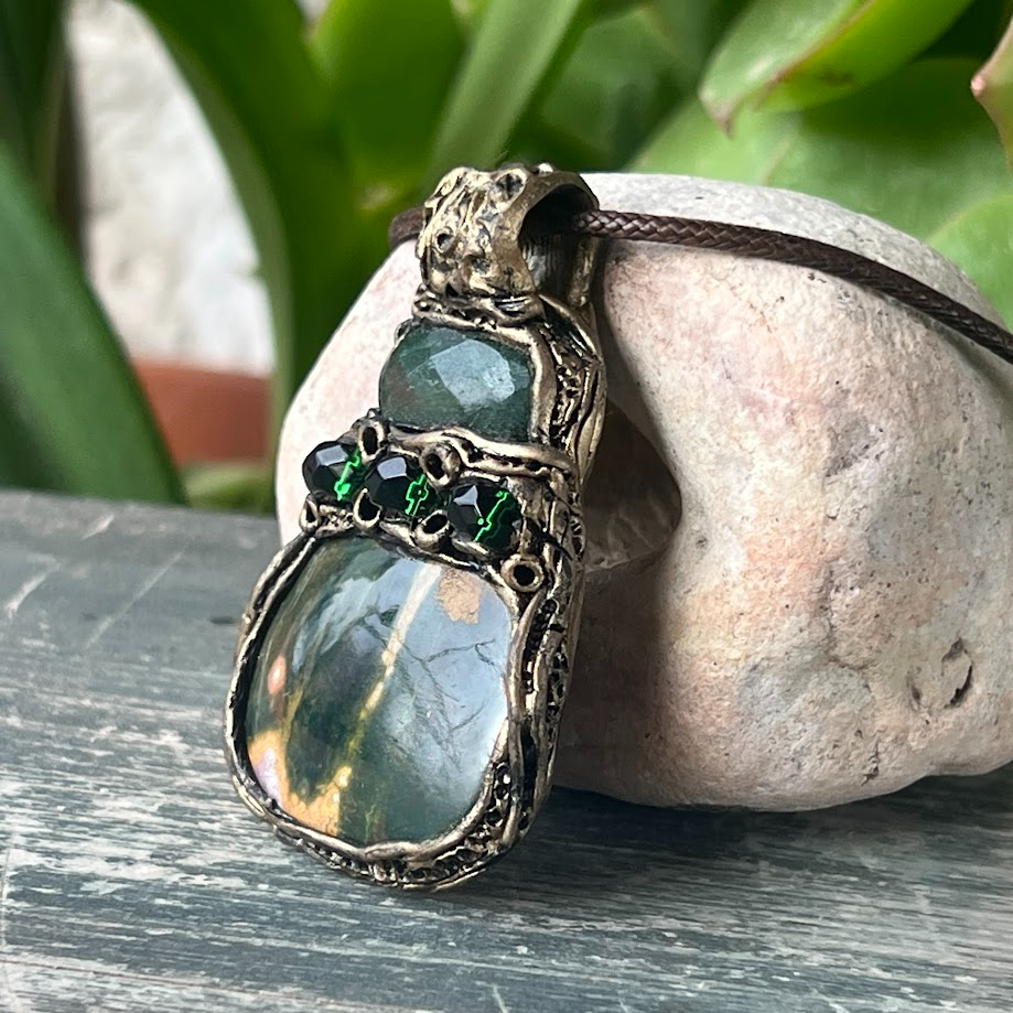Jade Pendant Necklace with Green Ocean Jasper - Healing Crystal Jewelry