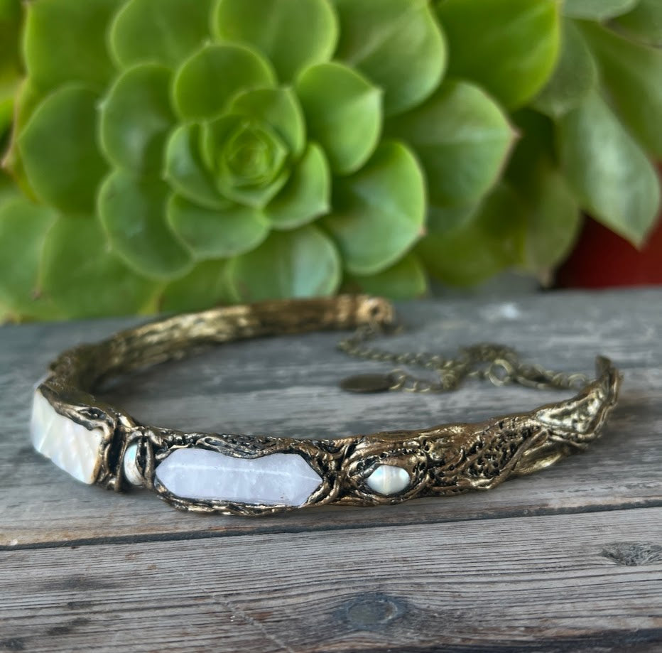 Natural Stone Choker: Mother of Pearl, Quartz, Baroque Pearls