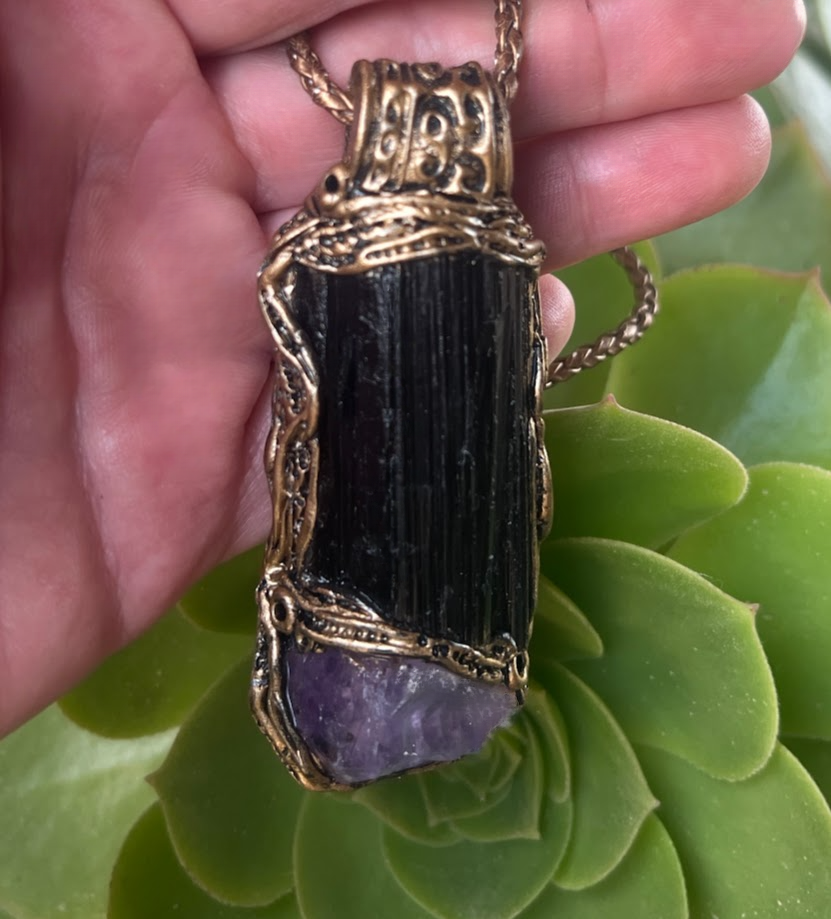 Empath Protection Amulet with Black Tourmaline & Amethyst Necklace - Spiritual Jewelry Gift