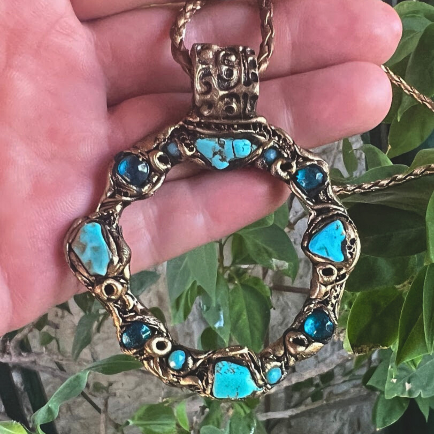 Turquoise Circle Pendant Necklace ,Statement Teal Crystal Necklace