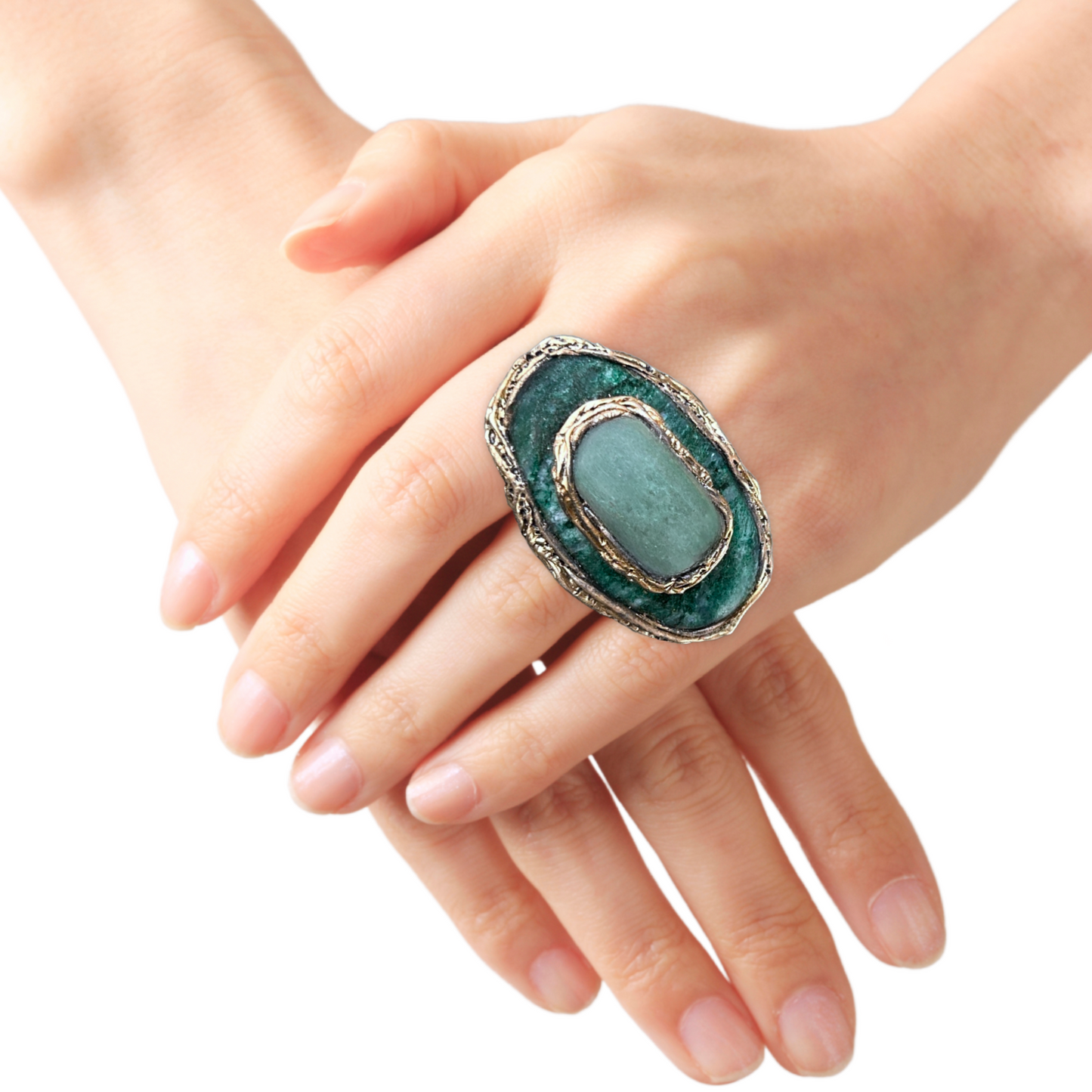 Dark and Light Aventurine Green Stone Ring - Bold Statement Jewelry