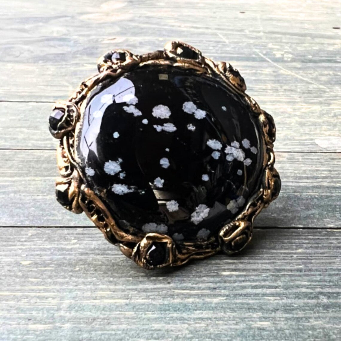 Snowflake Obsidian ring, big rings for women, black chunky stone ring, large cocktail ring