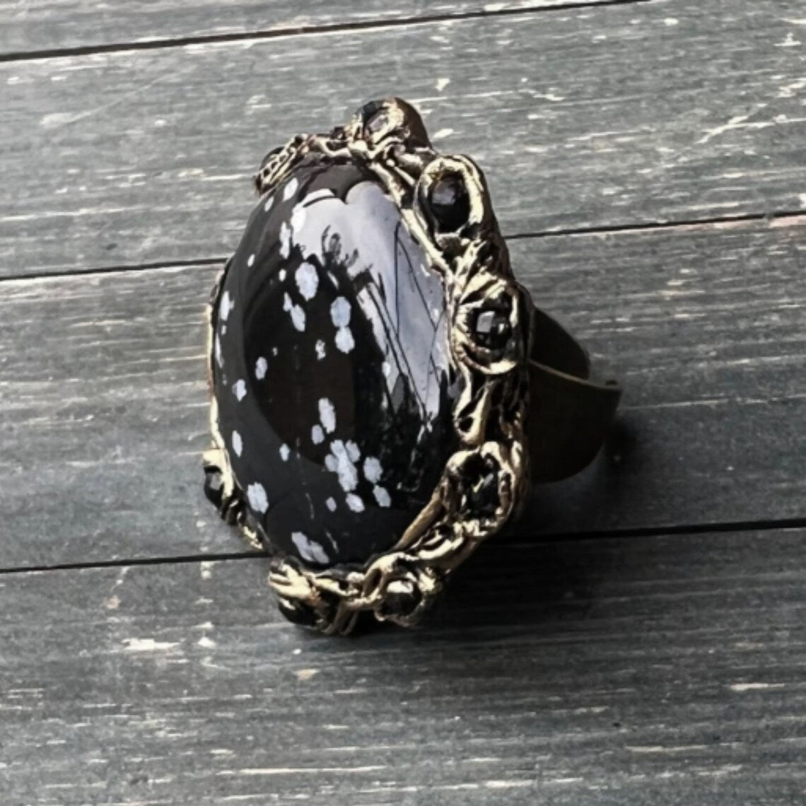 Snowflake Obsidian ring, big rings for women, black chunky stone ring, large cocktail ring