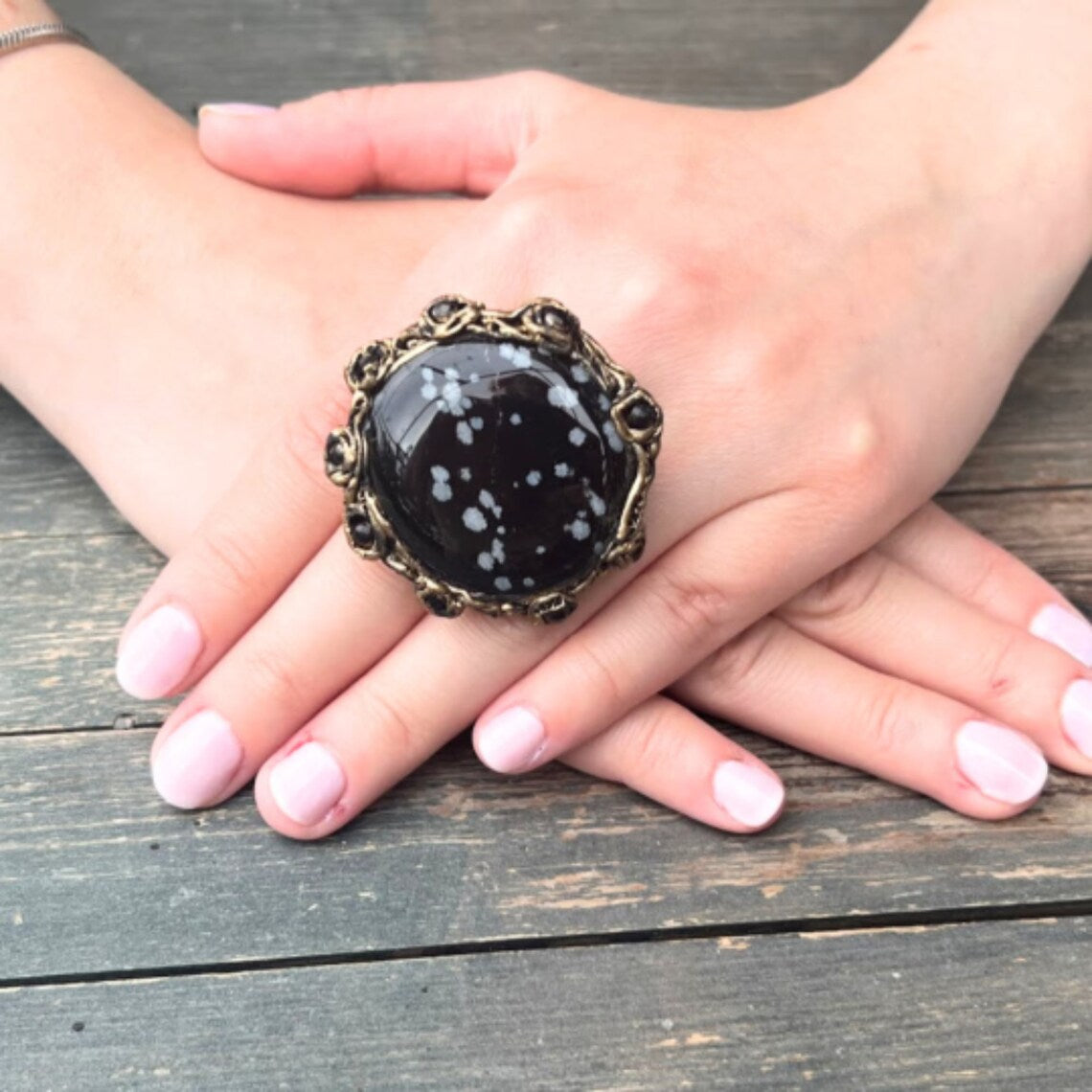 Snowflake Obsidian ring, big rings for women, black chunky stone ring, large cocktail ring