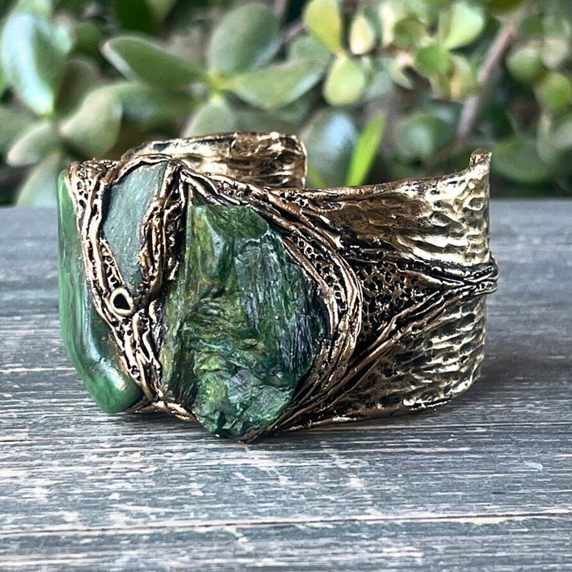 Green Gemstone Cuff Bracelet with Aventurine & Buddstone - Unique Statement Jewelry