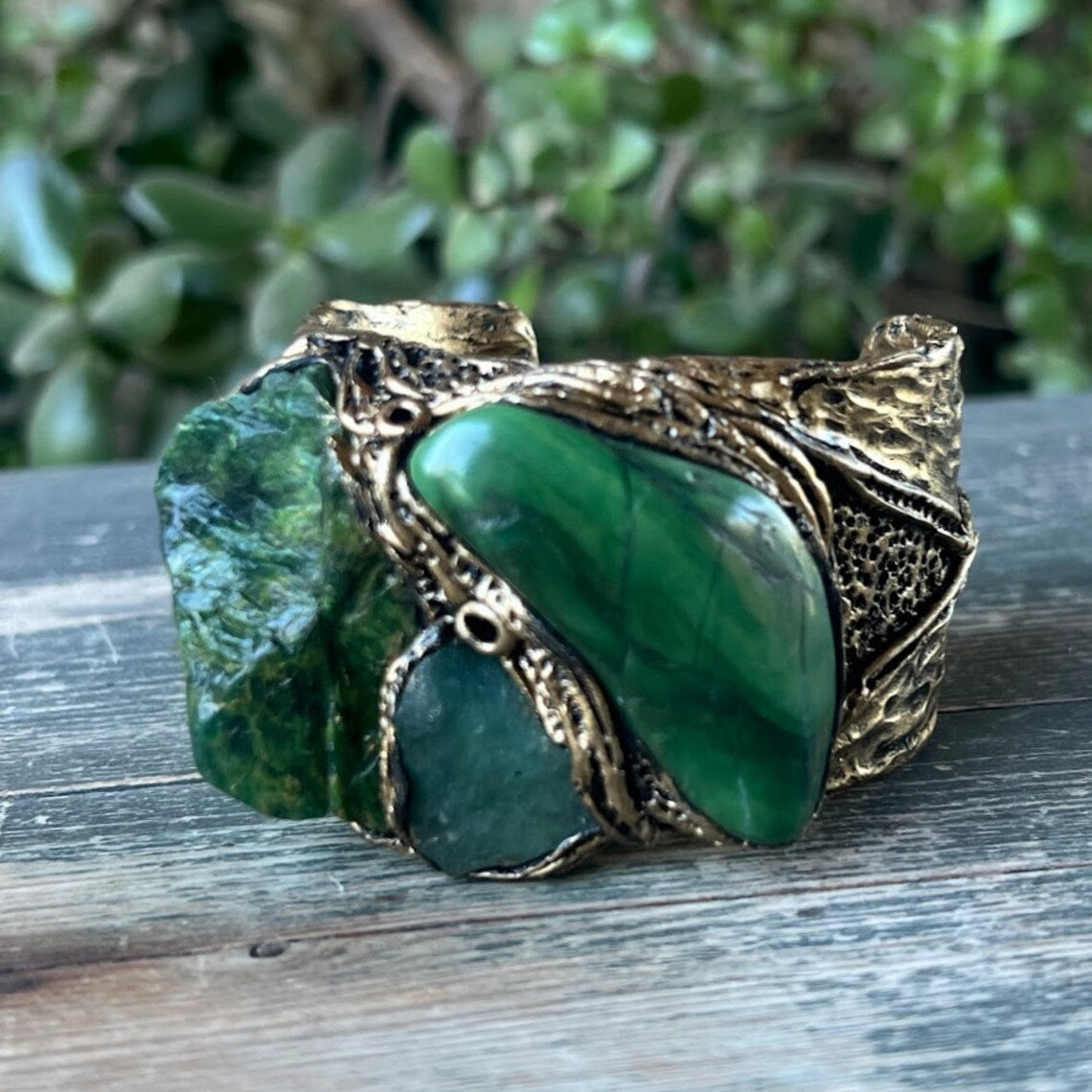 Green Gemstone Cuff Bracelet with Aventurine & Buddstone - Unique Statement Jewelry