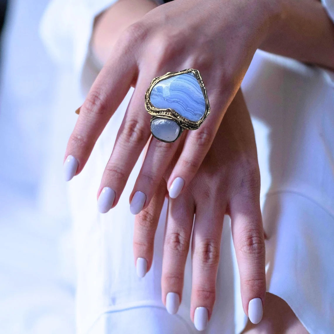 Blue Heart Ring with Agate & Chalcedony - Statement Chunky Gemstone Jewelry
