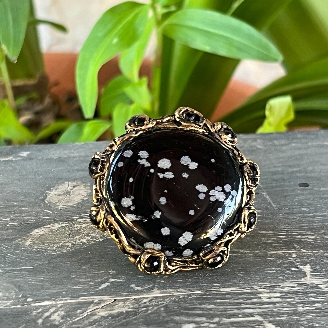Snowflake Obsidian ring, big rings for women, black chunky stone ring, large cocktail ring