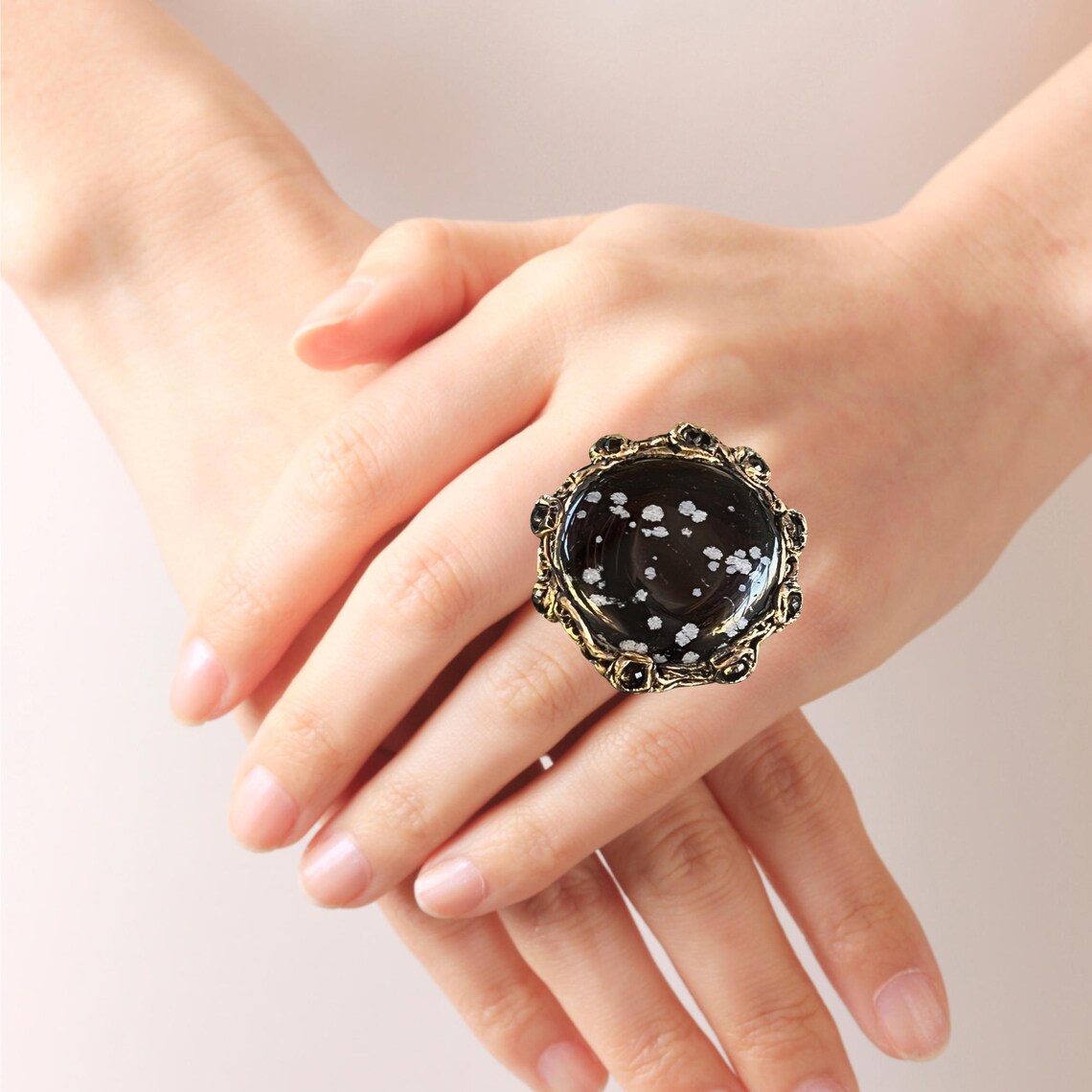 Snowflake Obsidian ring, big rings for women, black chunky stone ring, large cocktail ring
